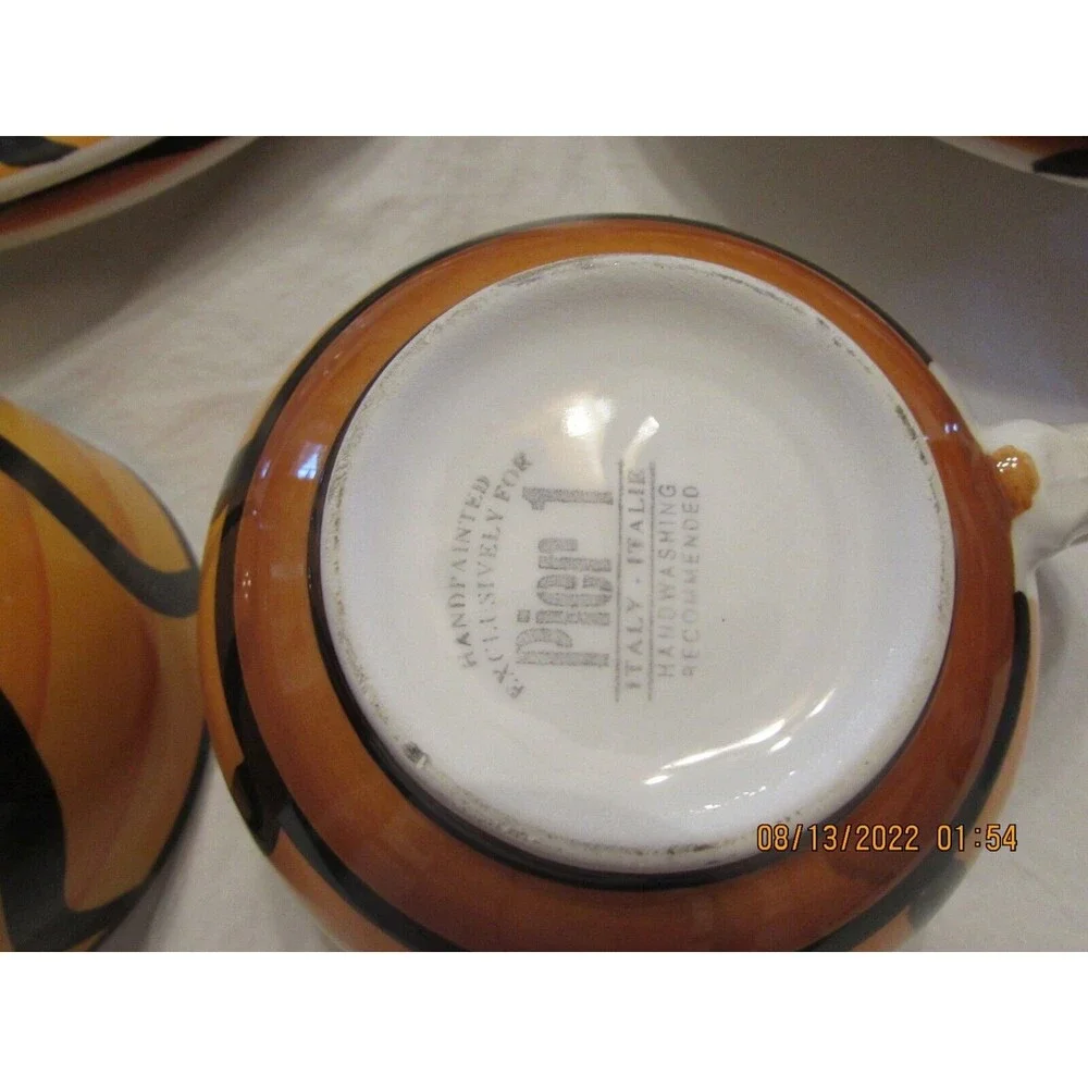 PIER 1 PLATES BOWLS CUPS ORANGE DOT BLACK HAND PAINTED ITALY PLACE SETTING FOR 2